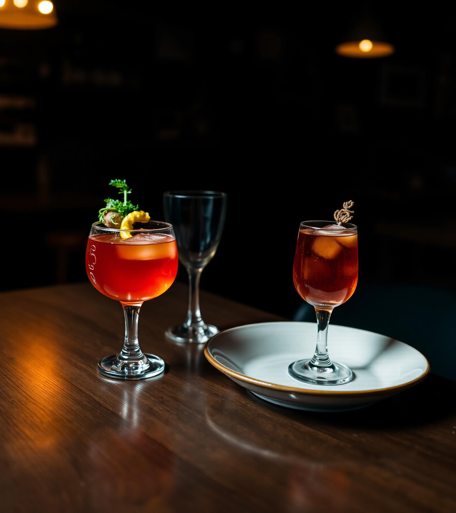 Craft cocktails on a dark wood bar at Red Buffalo Bar and Grille